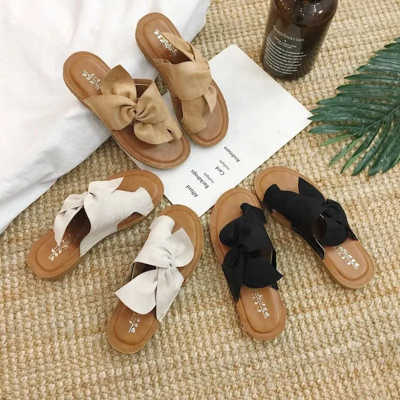 Chicvane Bowknot Open Toe Flat Sandals Slides Shoes