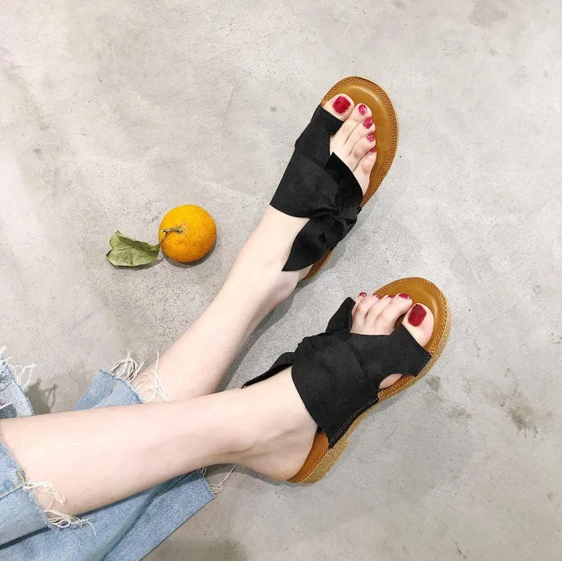 Chicvane Bowknot Open Toe Flat Sandals Slides Shoes