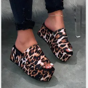 Chicvane Leopard Print Slides Shoes Platform Sandals