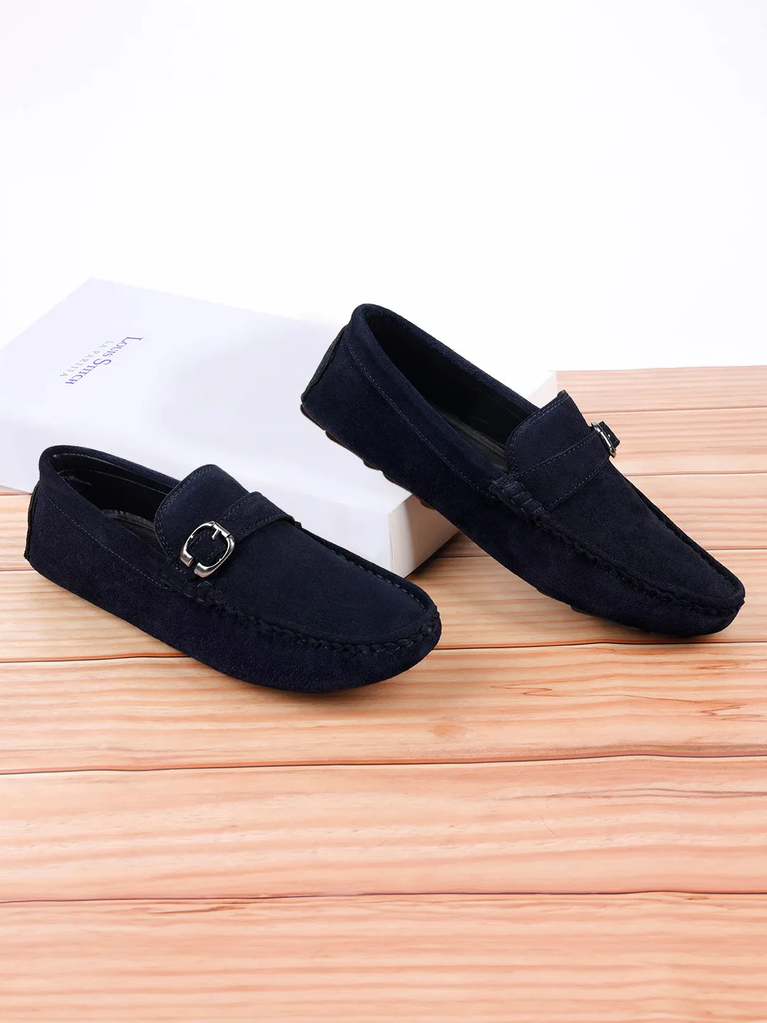 Federal Blue Handmade Italian Suede Leather Solid Penny Loafers with Buckle
