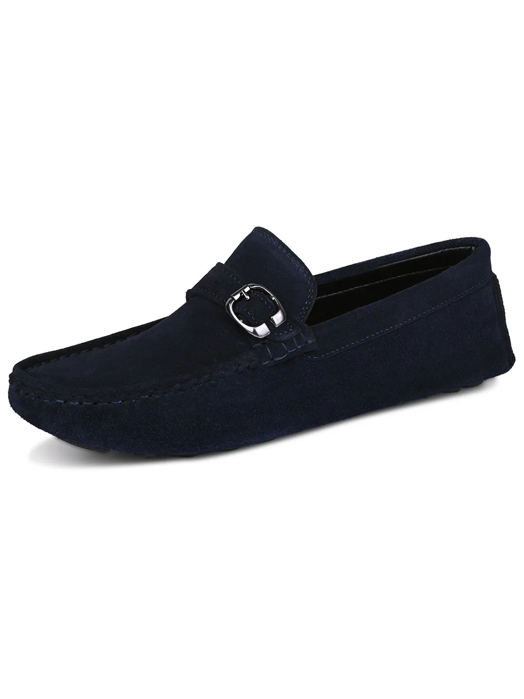 Federal Blue Handmade Italian Suede Leather Solid Penny Loafers with Buckle