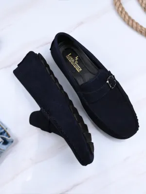 Federal Blue Handmade Italian Suede Leather Solid Penny Loafers with Buckle