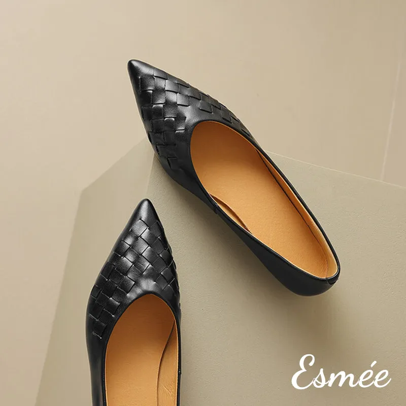 Leather Pointed Toe Flats with Woven Design