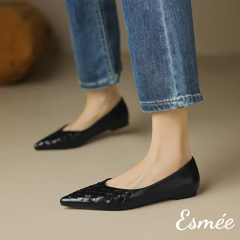 Leather Pointed Toe Flats with Woven Design