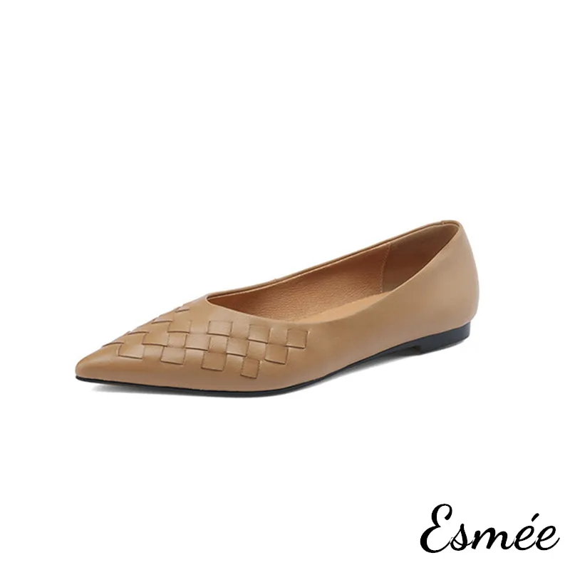 Leather Pointed Toe Flats with Woven Design