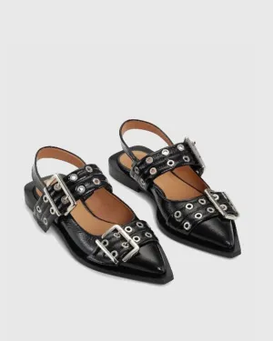 Liliana Buckle Leather Slingback Flats In Black