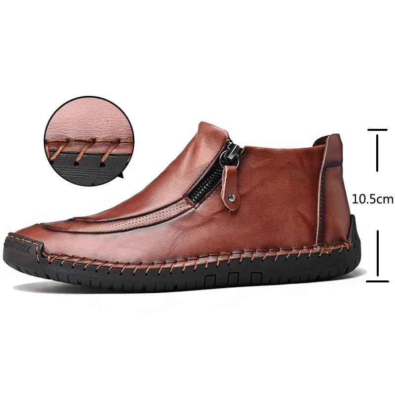 Men's leather handmade shoes hand-stitched side zipper Comfortable soft ankle boots