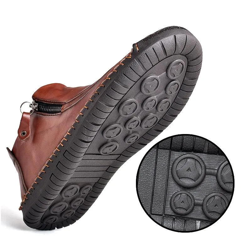 Men's leather handmade shoes hand-stitched side zipper Comfortable soft ankle boots