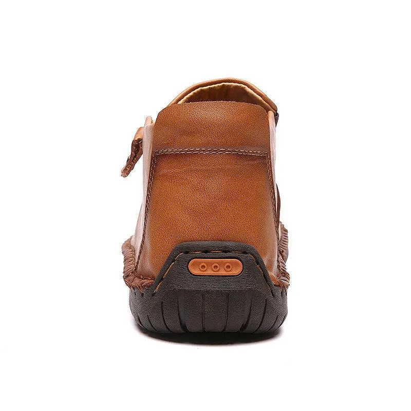 Men's leather handmade shoes hand-stitched side zipper Comfortable soft ankle boots