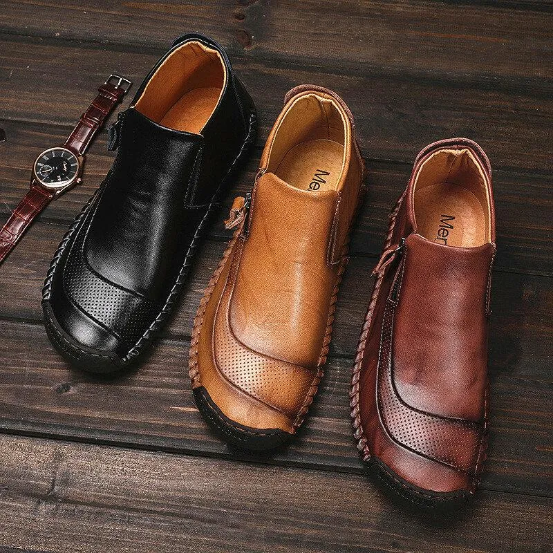 Men's leather handmade shoes hand-stitched side zipper Comfortable soft ankle boots