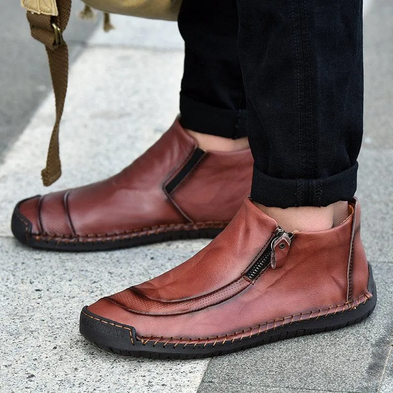 Men's leather handmade shoes hand-stitched side zipper Comfortable soft ankle boots