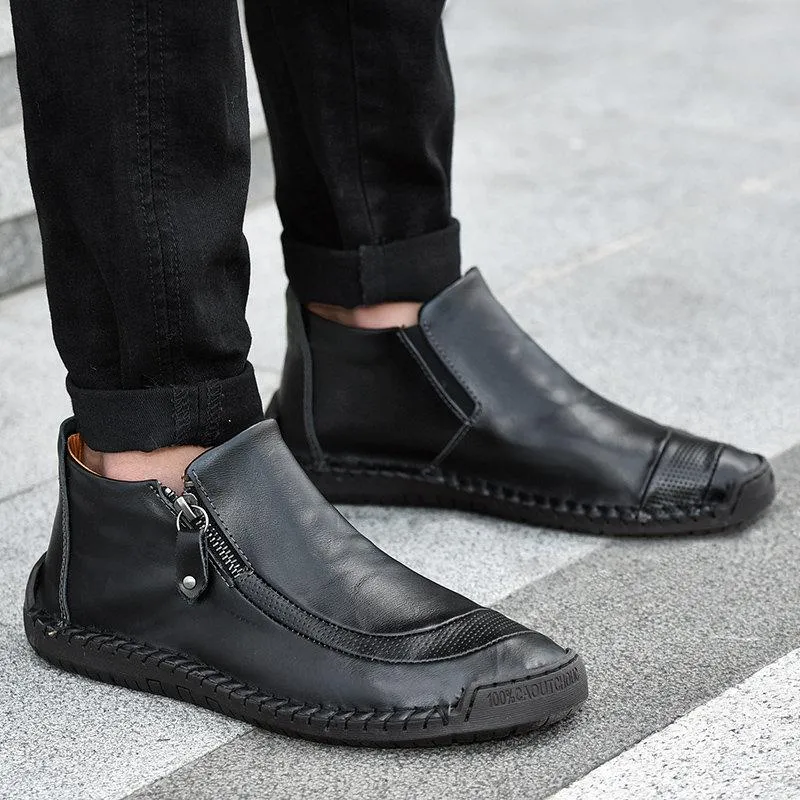 Men's leather handmade shoes hand-stitched side zipper Comfortable soft ankle boots