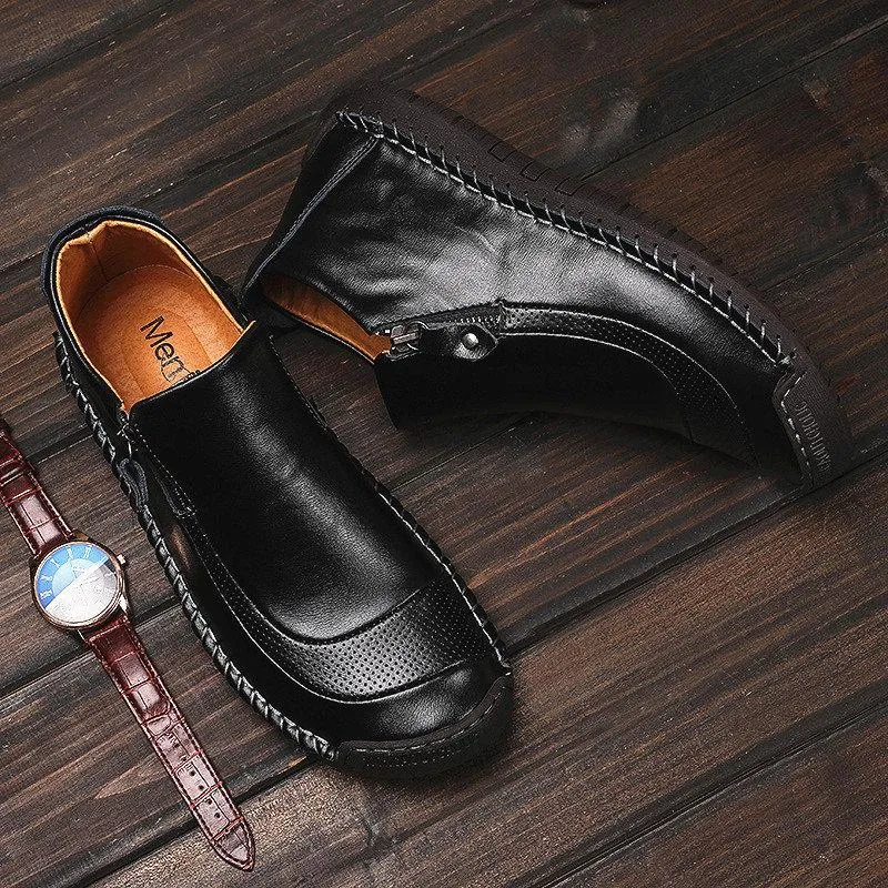 Men's leather handmade shoes hand-stitched side zipper Comfortable soft ankle boots