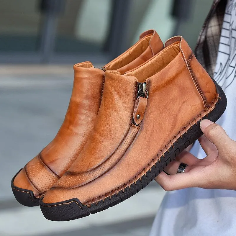 Men's leather handmade shoes hand-stitched side zipper Comfortable soft ankle boots