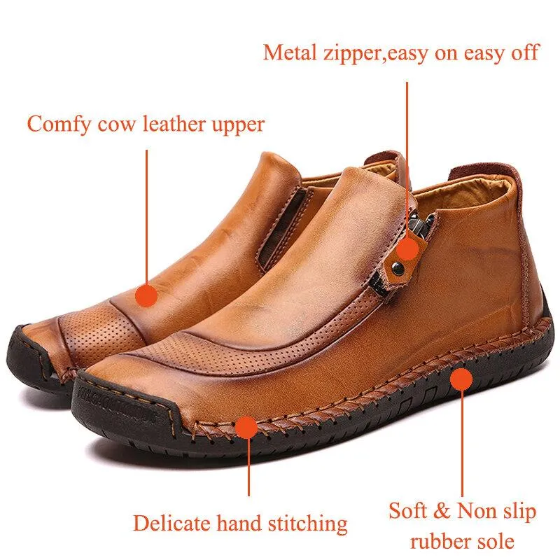 Men's leather handmade shoes hand-stitched side zipper Comfortable soft ankle boots