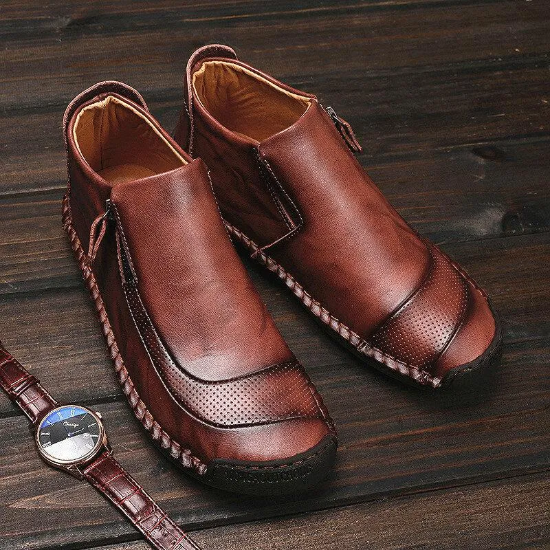 Men's leather handmade shoes hand-stitched side zipper Comfortable soft ankle boots