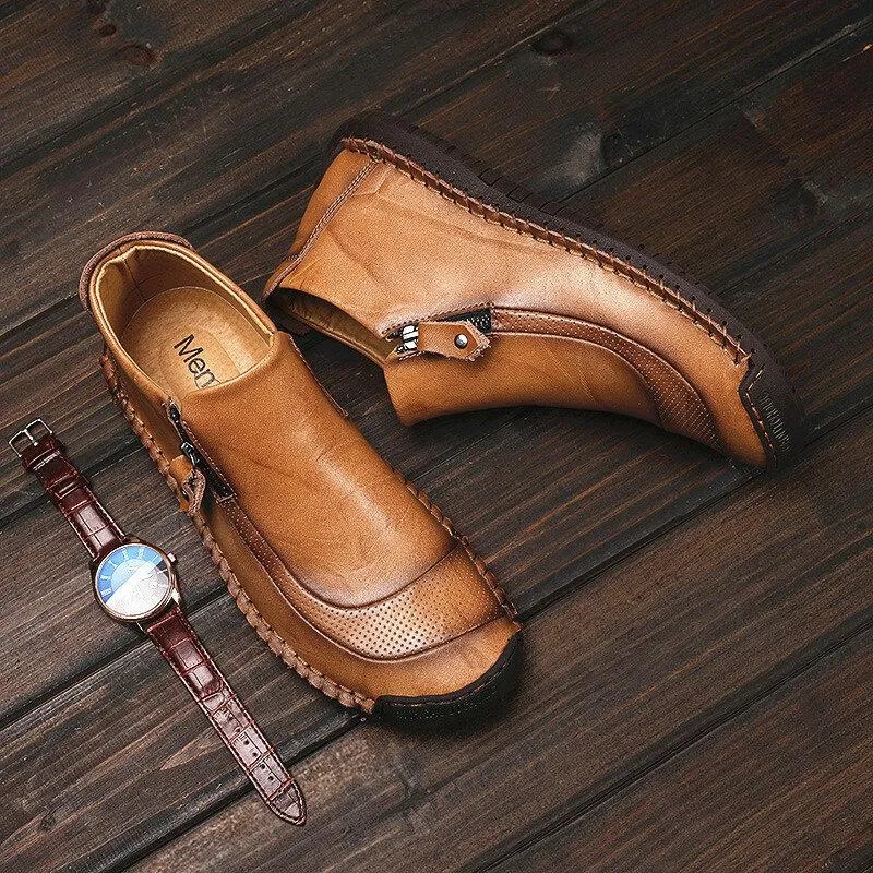Men's leather handmade shoes hand-stitched side zipper Comfortable soft ankle boots