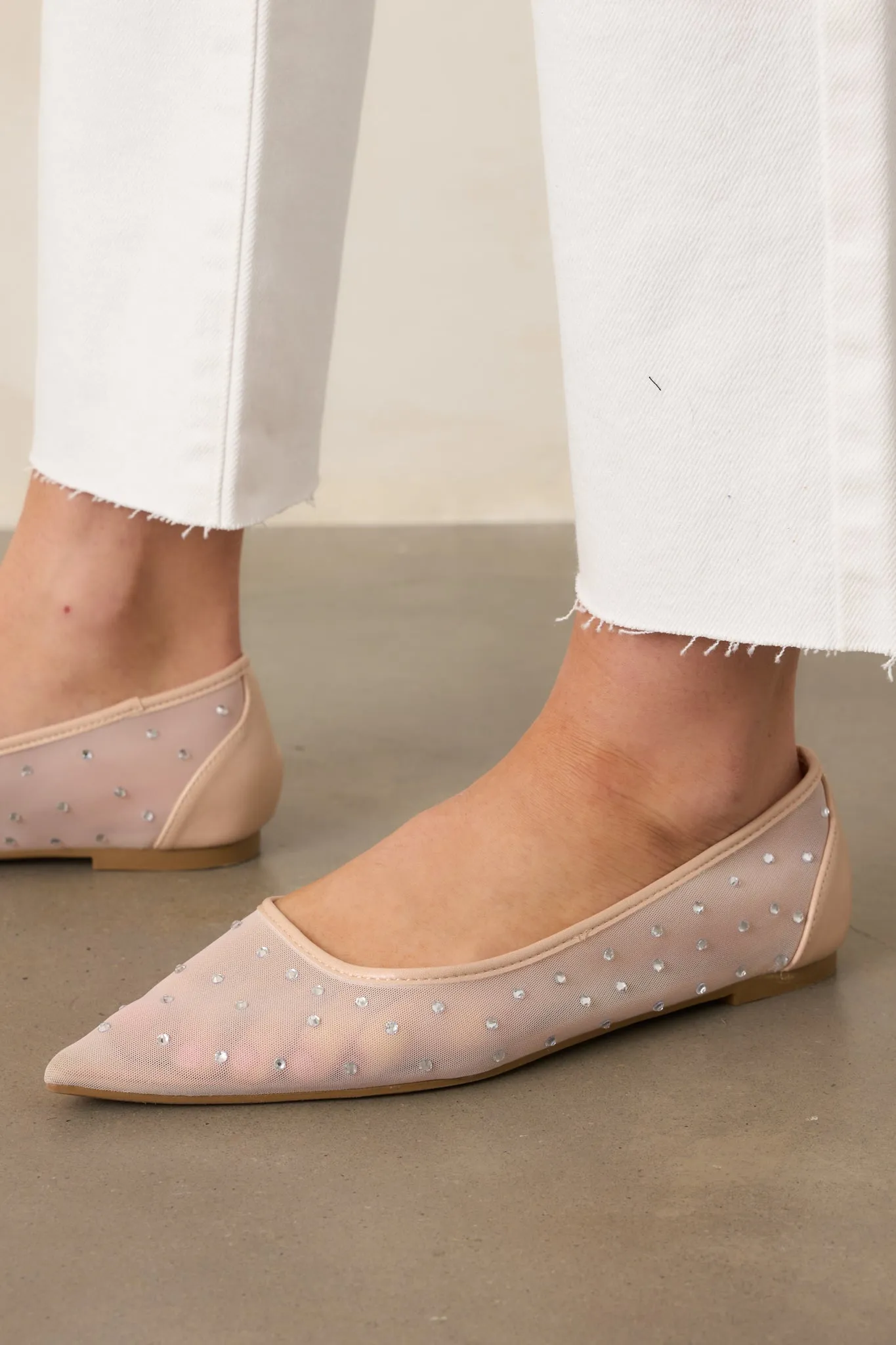 Shining Bright Nude Pointed Toe Mesh Ballet Flats