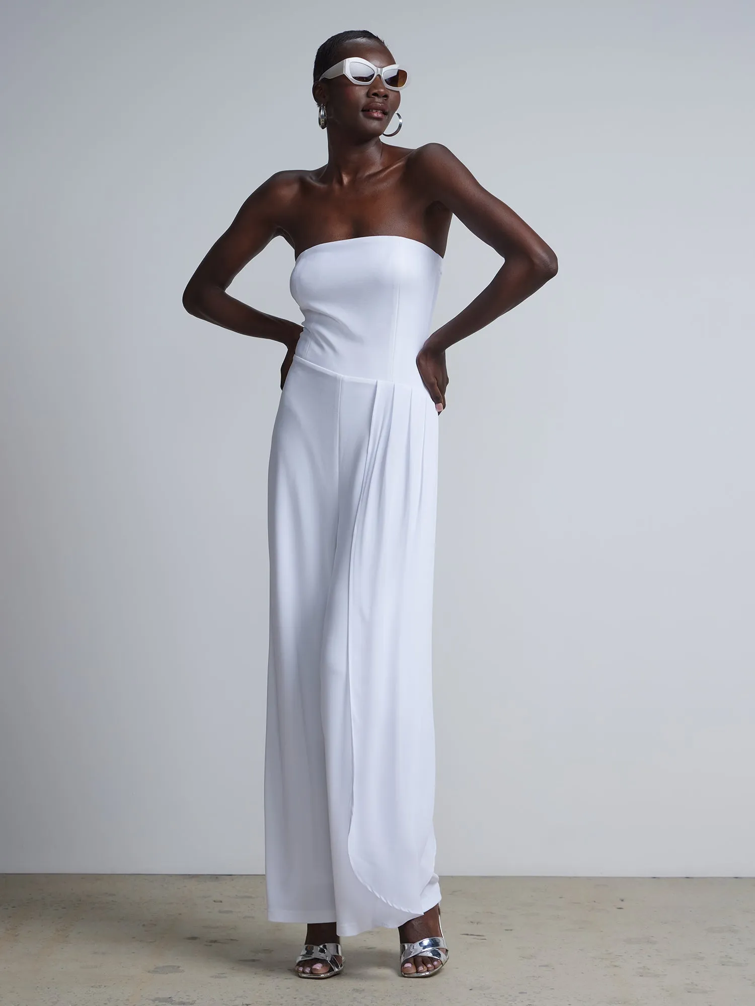 Strapless Overlay Wide-Leg Jumpsuit