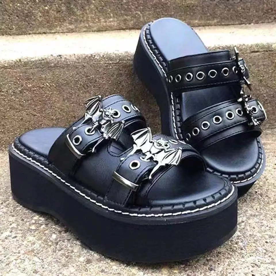 Women's gothic batt decorated chunky platform slides slippers