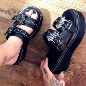 Women's gothic batt decorated chunky platform slides slippers