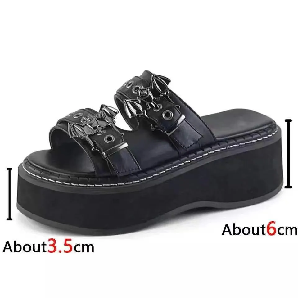Women's gothic batt decorated chunky platform slides slippers