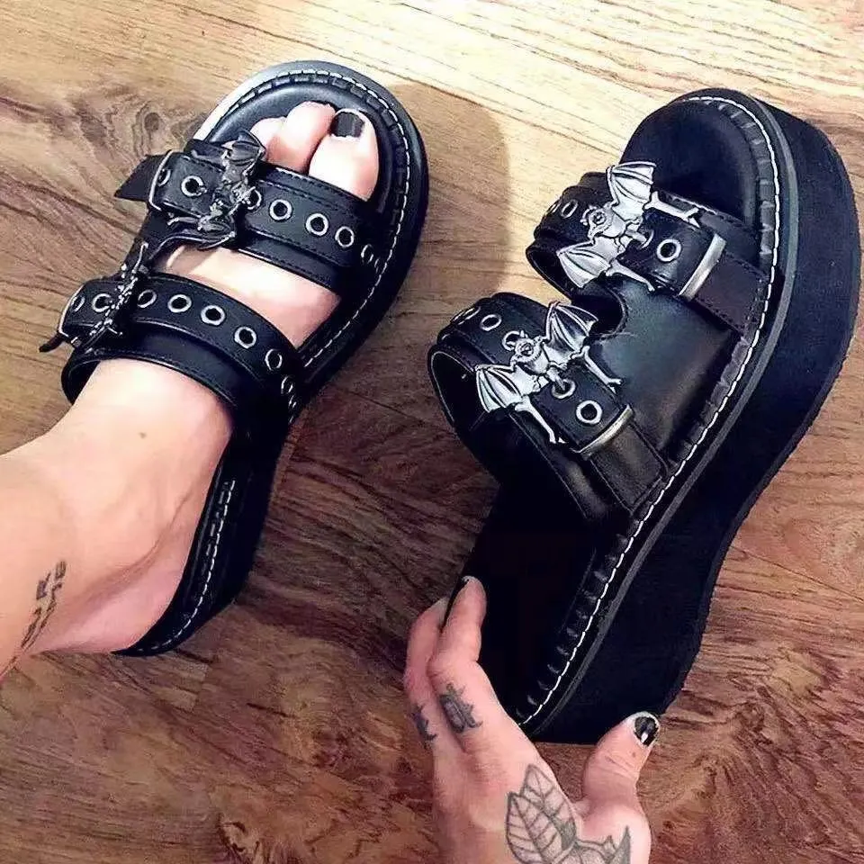 Women's gothic batt decorated chunky platform slides slippers