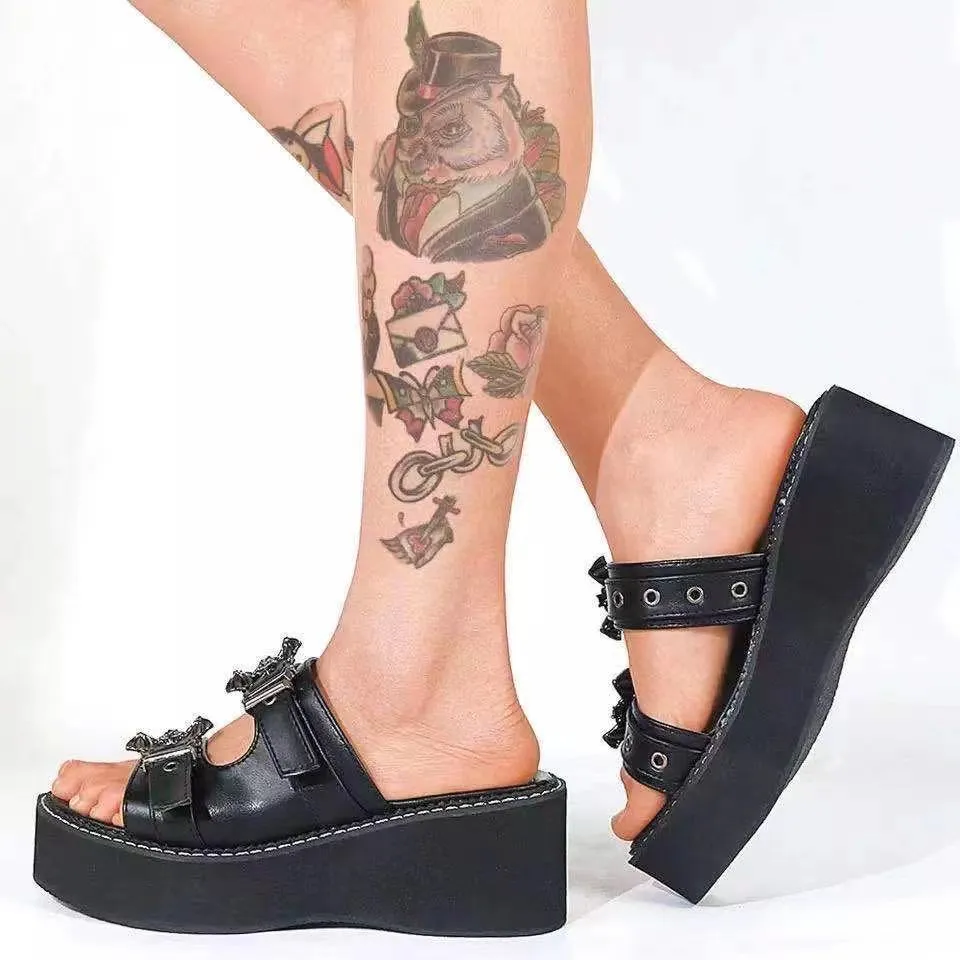 Women's gothic batt decorated chunky platform slides slippers