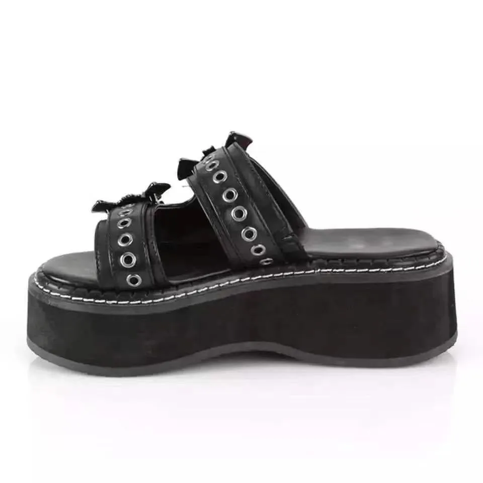 Women's gothic batt decorated chunky platform slides slippers