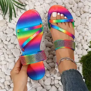Women's Rainbow Rhinestone Slippers 69623614C